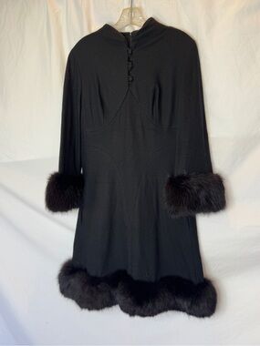 Sandi Monica Vintage Black Wool Coat Dress with Fur Trim